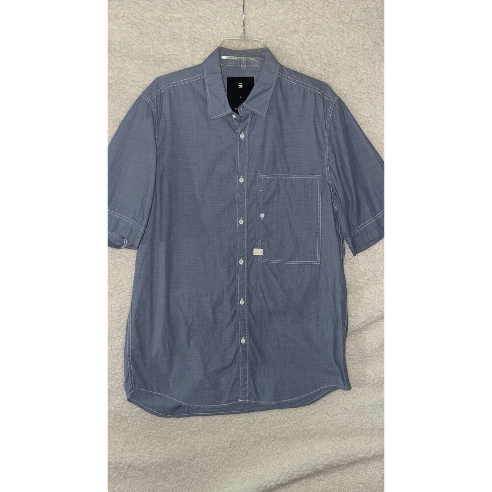 G-Star Raw Button Down Shirt Chambray Pockets Short Sleeve Blue Mens Size L